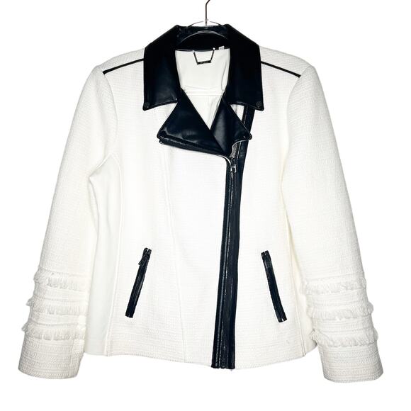 CHICO'S Tweed and Faux Leather Moto Jacket Asymmetric Full Zip White Black Large - Picture 7 of 12